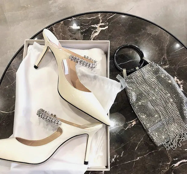 2025 Summer New High-heeled Stiletto Pointed Rhinestone Slippers Women's Outer Wear One-word with Baotou Half Drag Muller Shoes heels_bridal