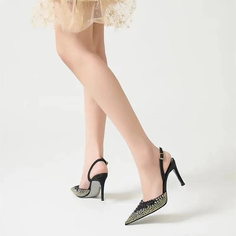 Star style Gradient Rhinestones Pointed toe Stiletto High heels Women Sandals Fashion Spring Summer Slingbacks Party Prom Shoes heels_stiletto