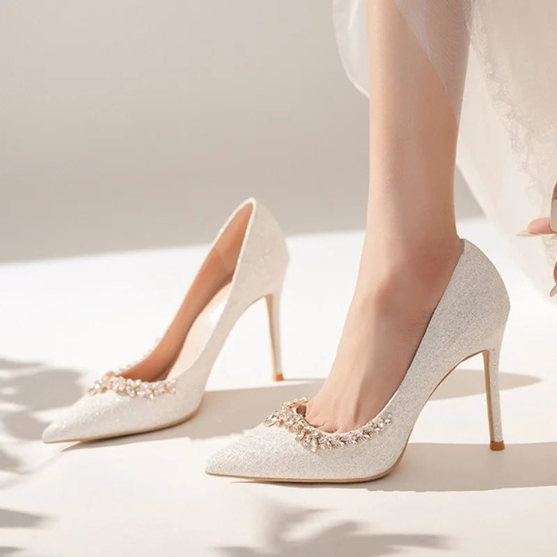 2025 New French Stiletto Heels Pointy Head Shallow Mouth Shoes Rhinodiamond-Edged Korean Version White Crystal Wedding Pumps heels_stiletto