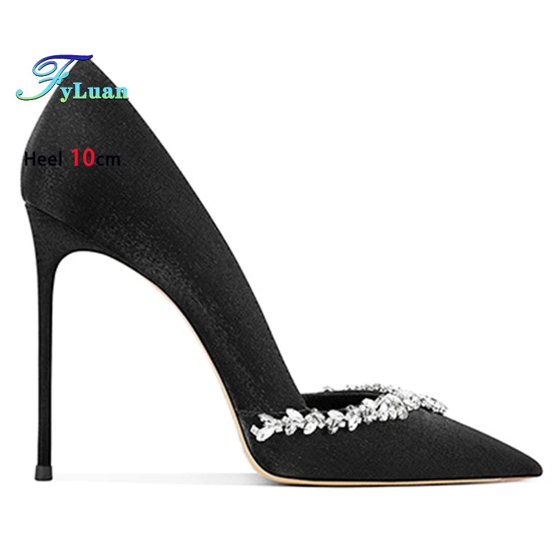Black High Heels 10cm 8cm 6cm Women's Shoes Thin Heels Microfiber Pointed Head Ladies Pumps Rhinestone Bead Stiletto Party Shoes heels_stiletto