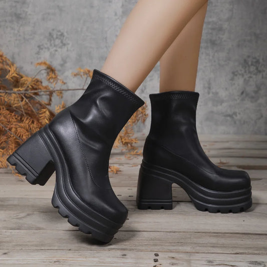 Women New Fashion Short Boots Women Sexy Leather Boot Square toe casual Zipper high heels Casual thick soled women shoes Zapatos boots_platform