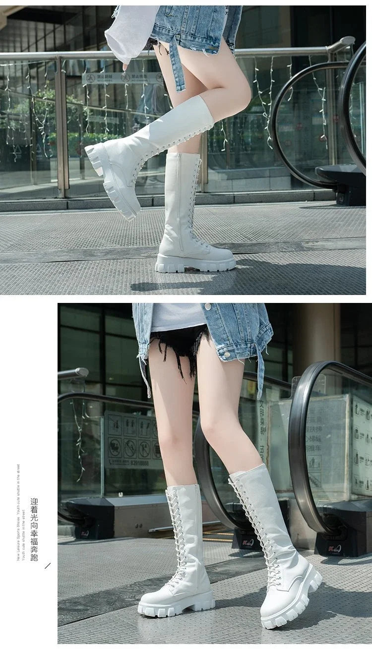 Women's Mid Calf Boots Padded Shoes Knee High Winter Sneakers Punk Style Military Casual White Black 2024 Lucury Platform Woman boots_platform