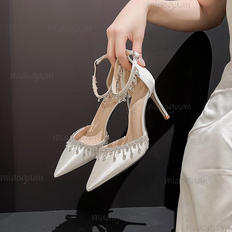 Bride Wedding Shoes Black White Satin Rhinestone Tassels High Heel Sandals Ankle Strap Women's 7/9CM Heels Sandalias De Mujer heels_bridal