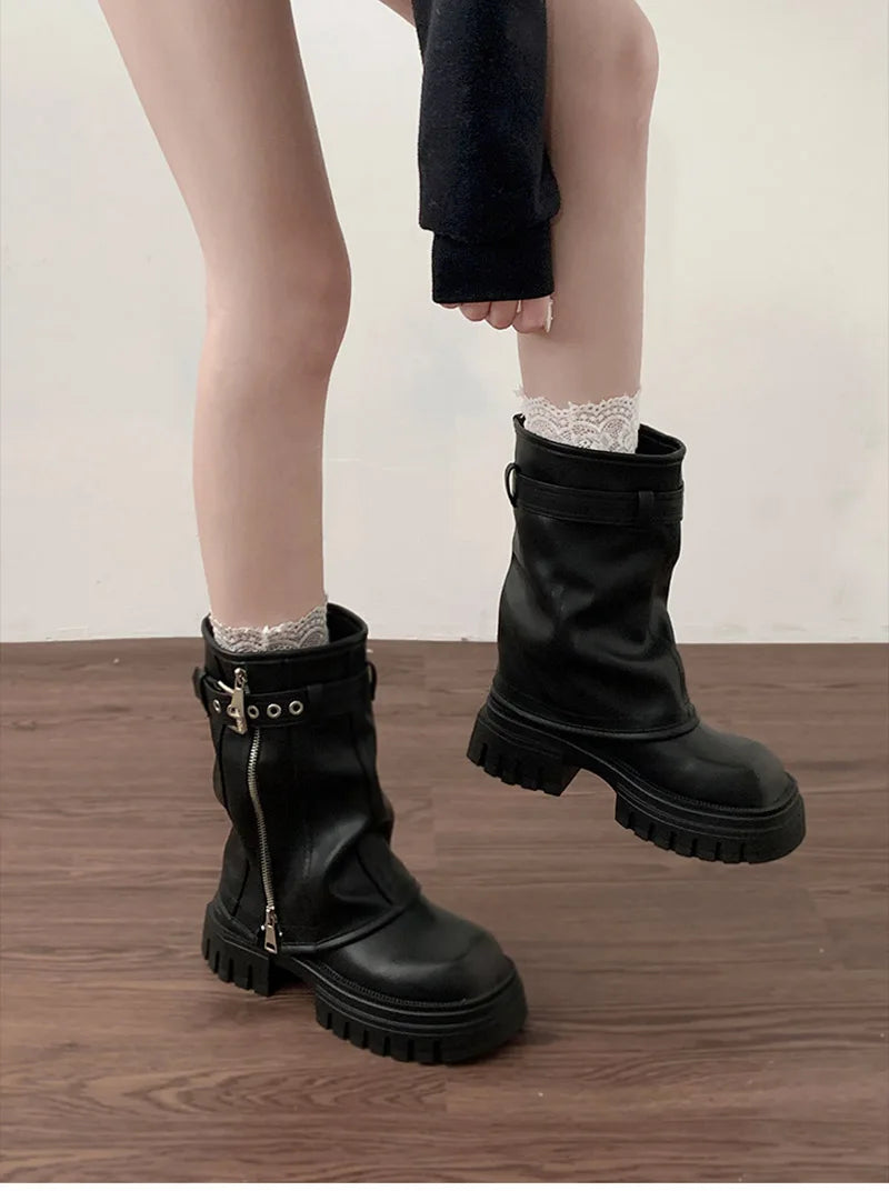 Winter Women Biker Boots Fashion Belt Buckle Ladies Elegant Platform Flats Short Booties Casual Women's Knight Booties boots_platform