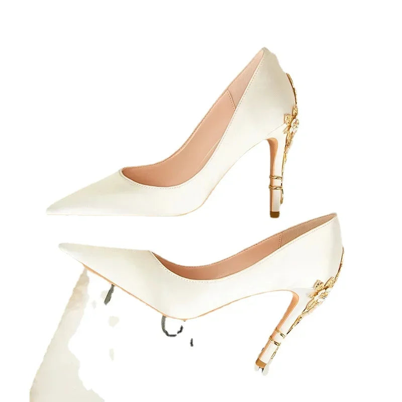 Women's Metal Flowers Stiletto High-heel Shoes Female  Light Luxury Sexy Fashion Wedding Shoes Pointed Toe Satin Single Shoes heels_stiletto