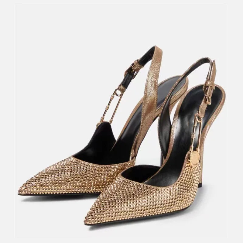 Women Shoes Luxury Rhinestones Sequined Buckle High Heels Elegant Pointed Toe Slingbacks Stiletto Shoes for Women Fashion Shoes heels_stiletto