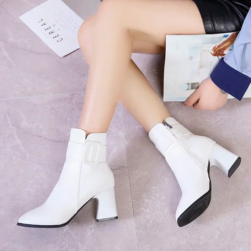 White Black Thick High Heel Ankle Boots Women 2024 Pointed Toe Keep Warm Elegant Short Booties Ladies Ankle Buckle Decoration boots_highheel