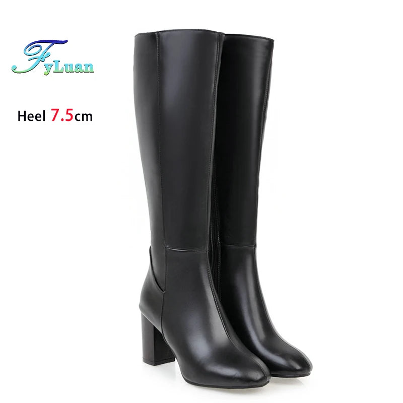 Plus Size 48 Square Toe Knee High Boots Women Side Zipper Winter Warm Long Shoes Comfort Thick Heel 7.5CM Black Leather boots_highheel