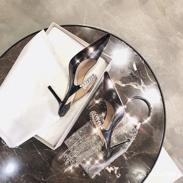2025 Summer New High-heeled Stiletto Pointed Rhinestone Slippers Women's Outer Wear One-word with Baotou Half Drag Muller Shoes heels_bridal