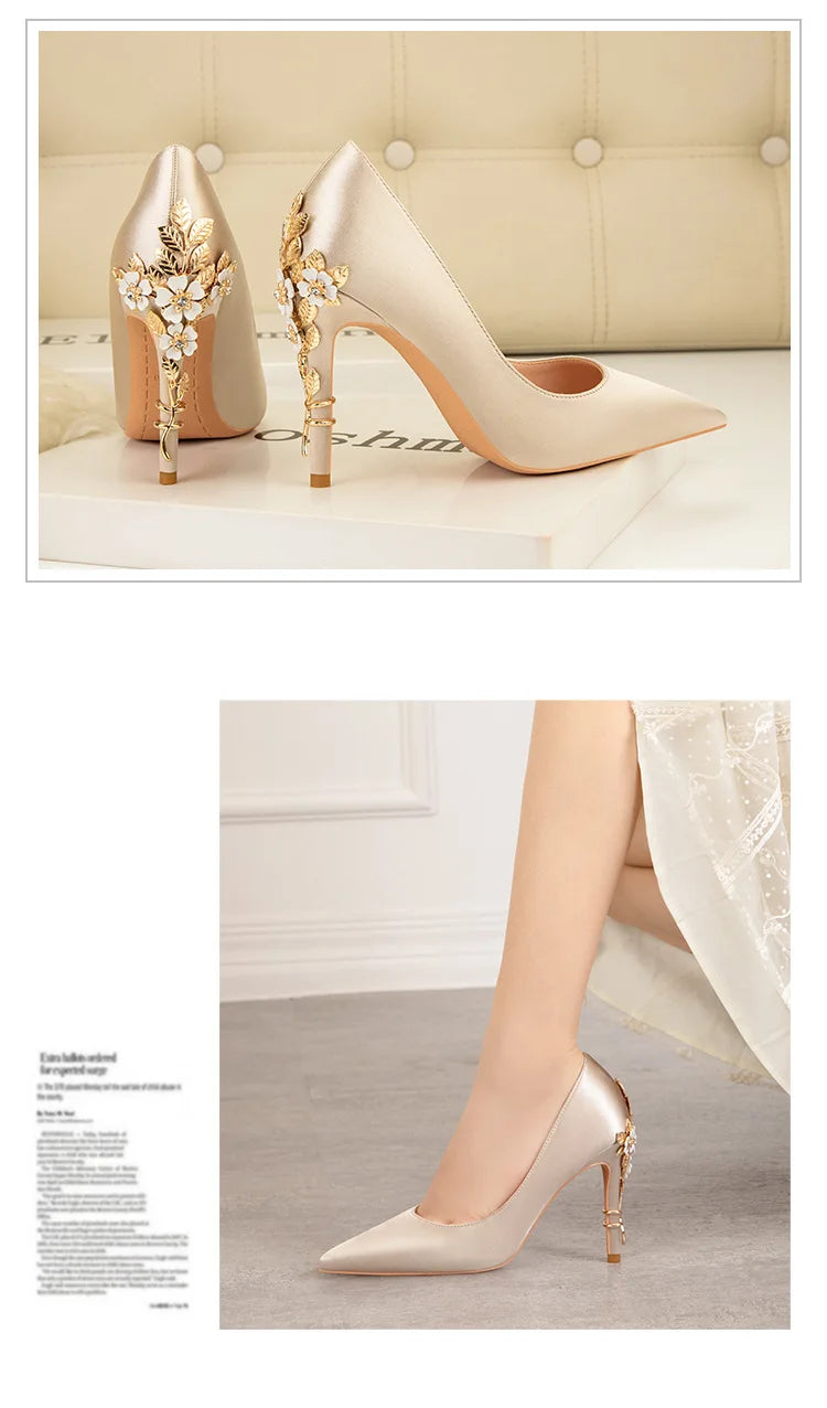 2025 New Metal Flower Women Pumps Designer Shoes High Heels Women Satin Stiletto Heels 10 Cm Sexy Wedding Shoes Plus Size 41 heels_stiletto