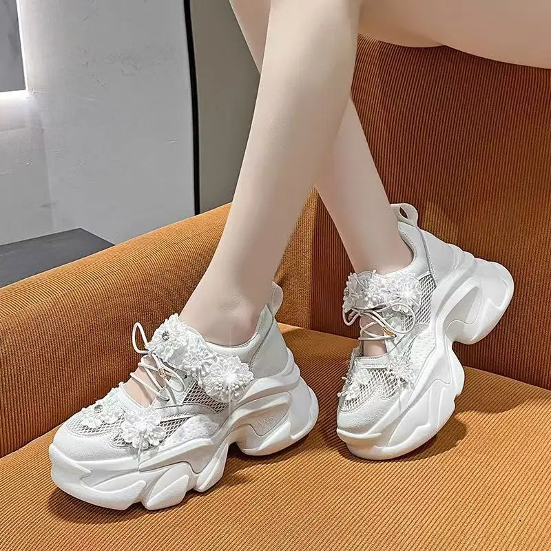 2025 Women's Air Mesh Sport Shoes Breathable Lace-Up Thick Heels Summer Hollow Motorcycle-Style Platform Wedge Ladies' Footwear sneakers_platform