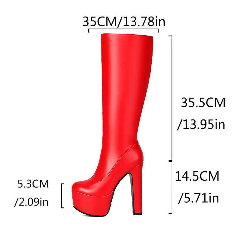 Black Red White Women Knee High Boots Platform Thick High Heel Ladies Calf Boots PU Leather Square Toe Side Zipper Dress Shoes boots_platform