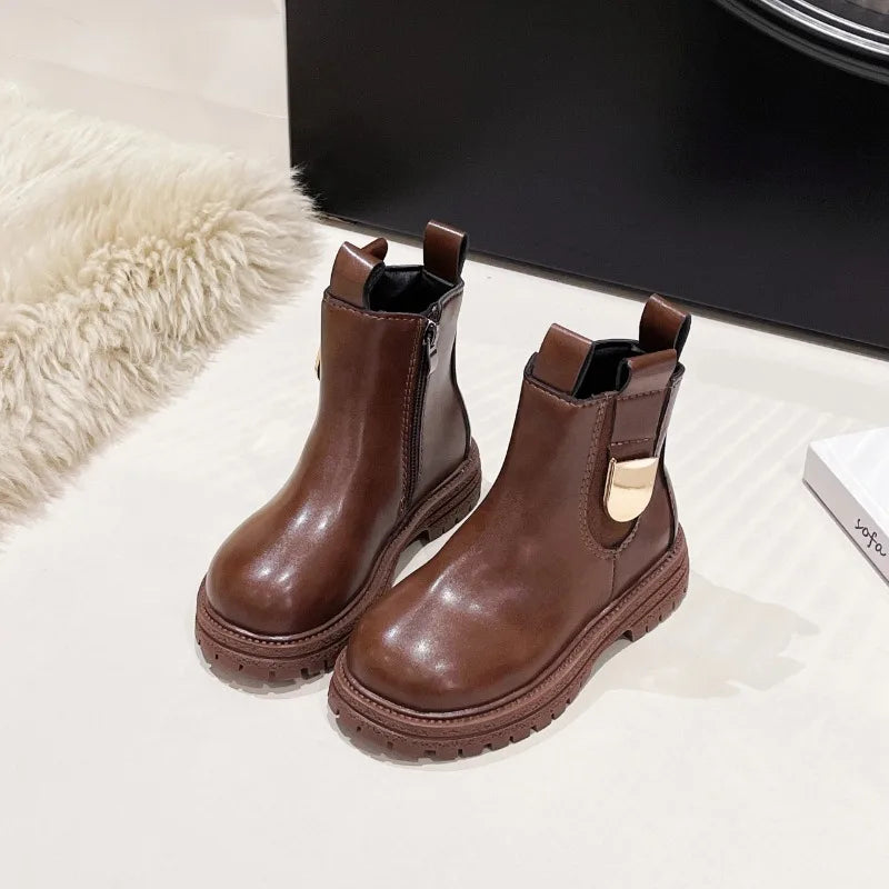 Children Leather Boots Round Toes Versatile Kids Short Boots Korean Style 2025 Autumn New Girls Ankle Boots Soft Bottom Non-slip