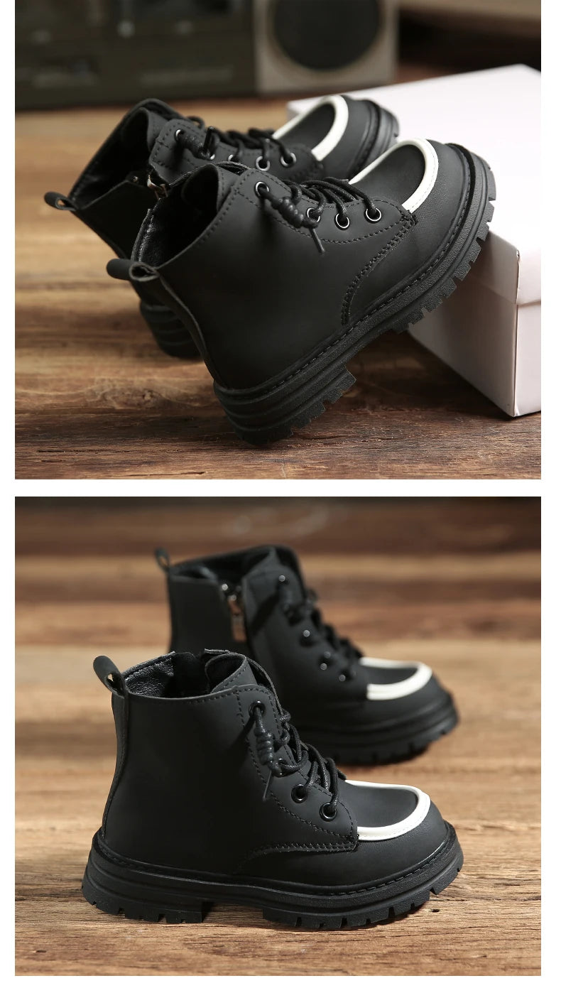 New Children Boots  soft leather Handsome Lace-up Trendy Kids Short Boot Matte PU Leather Anti-slip Unisex Boys Girls Shoes kids_shoes