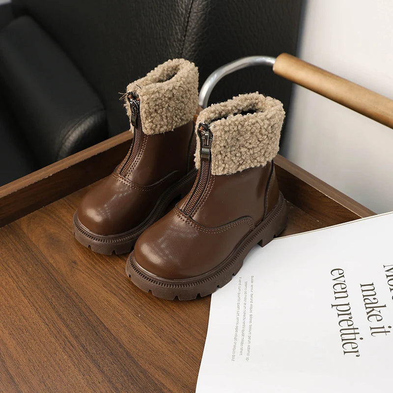 Winter Children's Ankle Boots Warm Simple Toddler Girls Causal Cotton Boots Thick Bottom Trend Kids Fashion Leather Boots Zipper kids_shoes