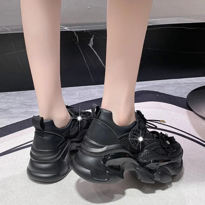 7.5CM Heels Women Thick Bottom Wedge Sneakers Embroider Hollow Out Gladiator Breathable Summer Shoes Woman Bling Chunky Sandals sneakers_platform