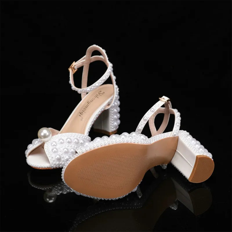2025 New High Heels Thick Heel Shallow Mouth Women's Pearl Sandals Wedding Shoes Bridesmaid Shoes heels_bridal