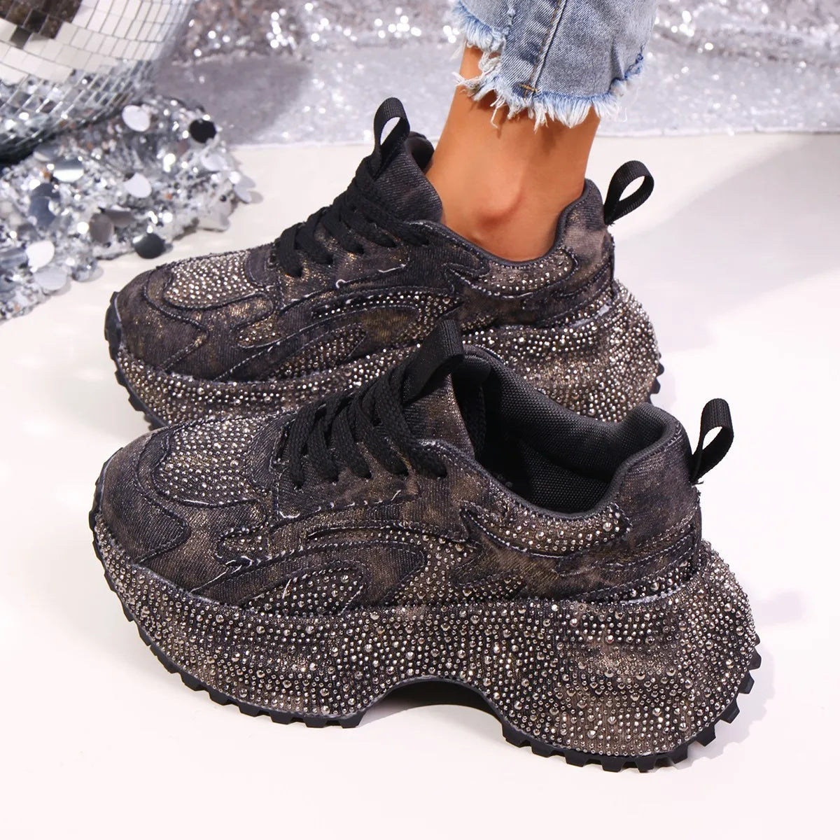 RYAMAG Rhinestone Denim Platform Sneakers for Women Bling Chunky Trainers Lace-up Casual Walking Shoes sneakers_platform sneakers_luxury