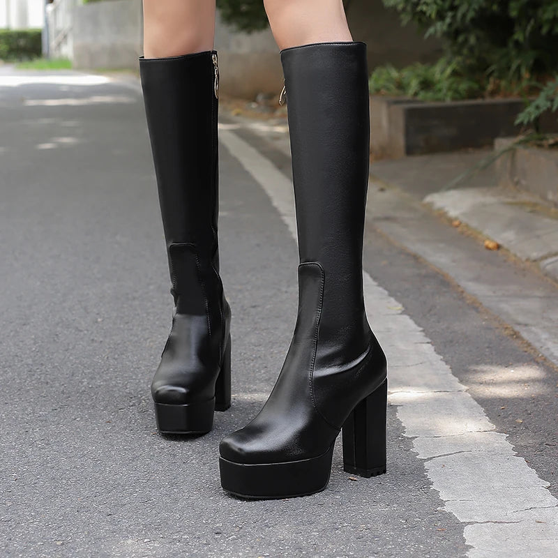 High Waterproof Platform Square Toe Solid Color Side Zipper Women's Knee High Boots Super High Thick Heel Office Boots boots_platform