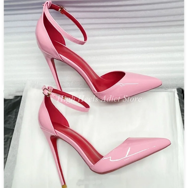 Baby Pink Patent Leather Sexy Ankle Strap Pumps Black/White/Nude Pointed Toe High Heels Good Quality Big Size Party Shoes heels_stiletto