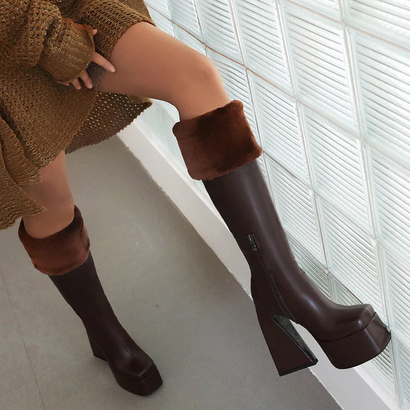 Plus Size Super High Profiled Tapered Heel Faux Fur Turned-Over Edge Warm Winter Snow Boots High Platform Square Toe Knee Boots boots_platform