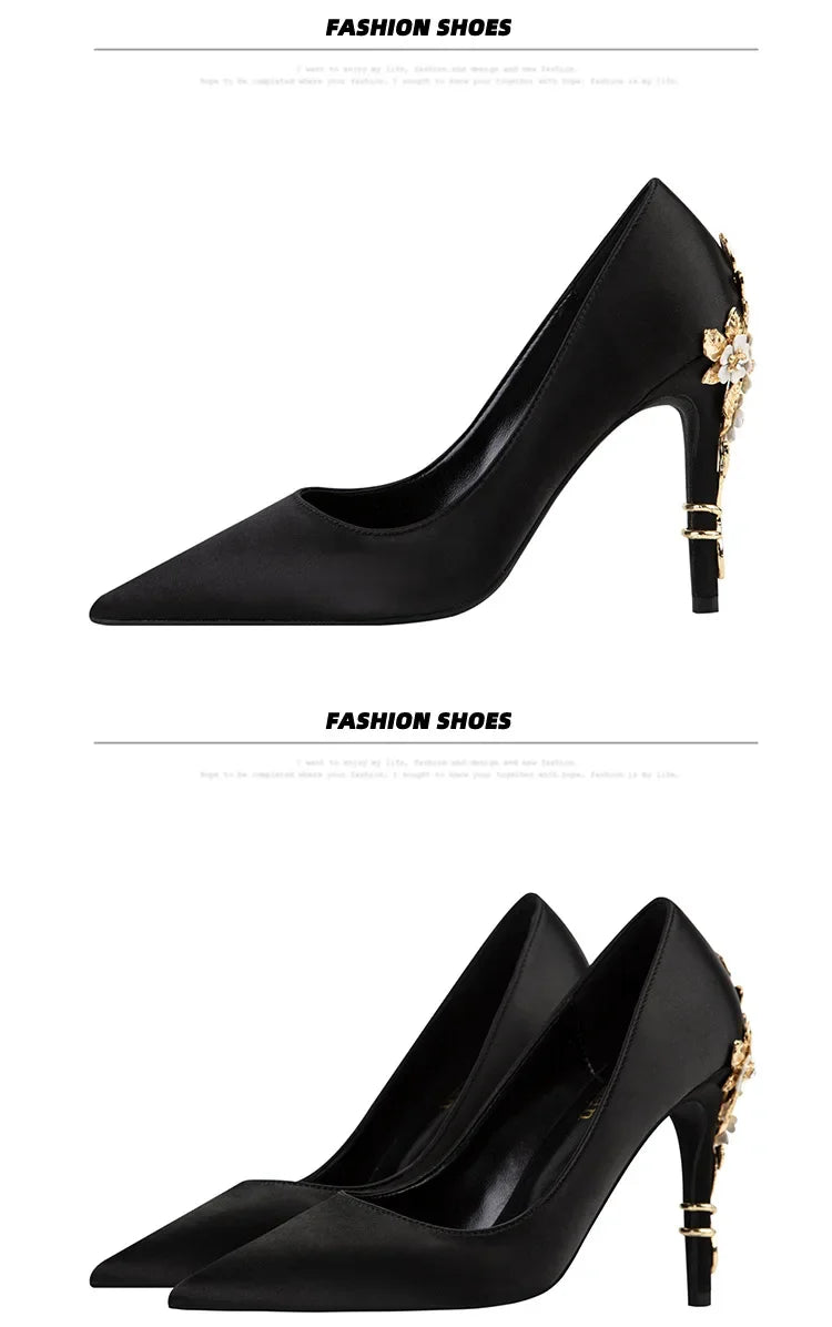 Women's Metal Flowers Stiletto High-heel Shoes Female  Light Luxury Sexy Fashion Wedding Shoes Pointed Toe Satin Single Shoes heels_stiletto