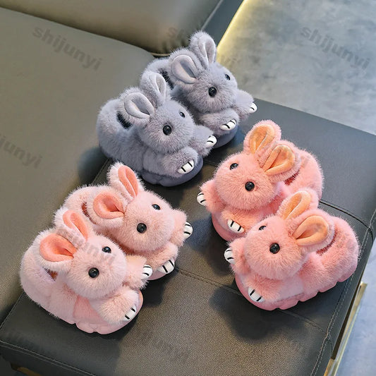 Autumn Winter Children's Slippers 2025 Fashion Cartoon Rabbit Warm Furry Parent-child Home Shoes for Boys Girls Cotton Shoes