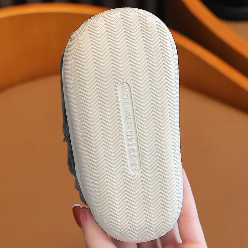 New Winter Concise Stripe Plush Slippers Children's Non-slip Soft Sole Kids Boys Girls Heel Wrap Warm High Home Cotton Shoes kids_shoes