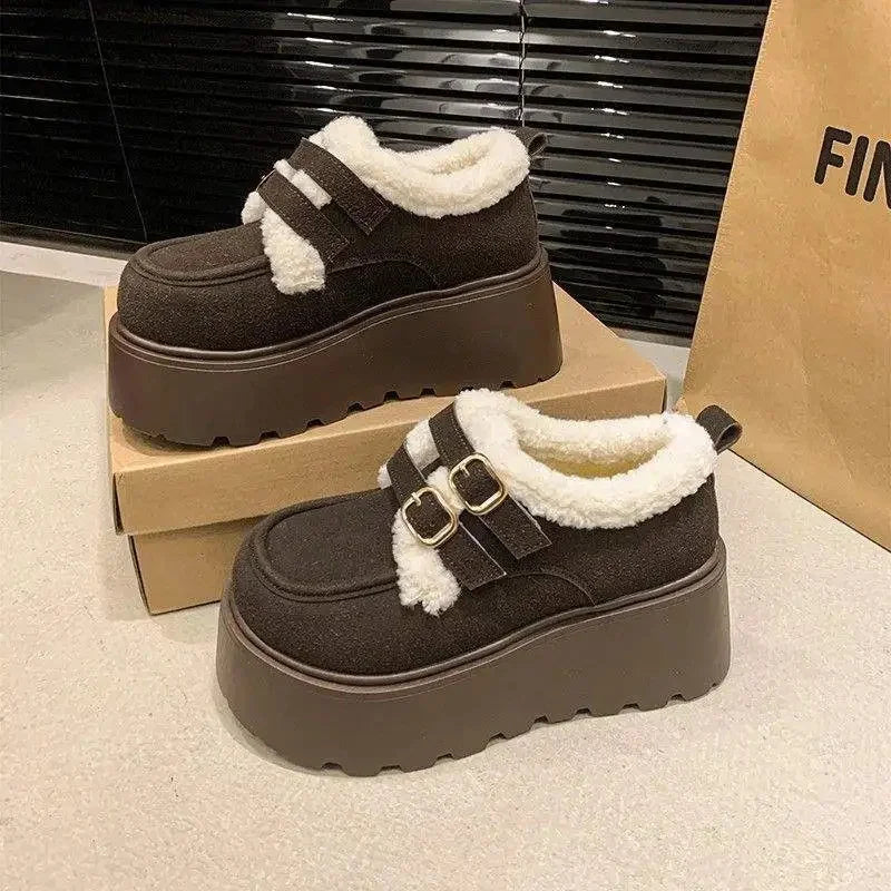 Low Cut Furry Snow Boots Women's Thick Heel Wedge Slippers Korean Style Flat Shoes Cotton Lined Winter Fashion Boots sneakers_platform