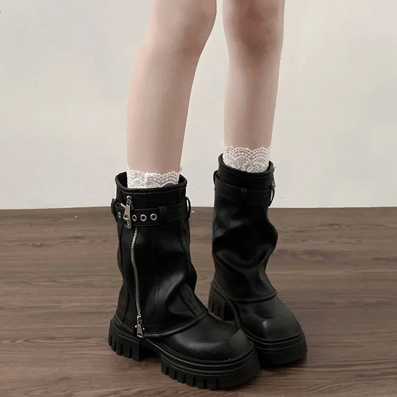 Winter Women Biker Boots Fashion Belt Buckle Ladies Elegant Platform Flats Short Booties Casual Women's Knight Booties boots_platform