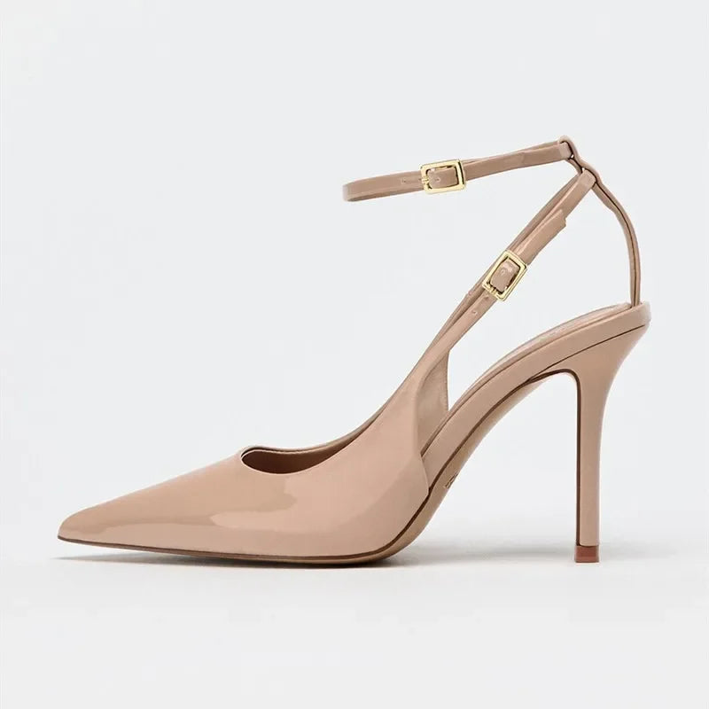Nude Patent Leather Ankle Strap Buckle Women Pumps Sexy Pointed Toe Stiletto Heels Summer Stiletto Heels Party Shoes Sandalias heels_stiletto