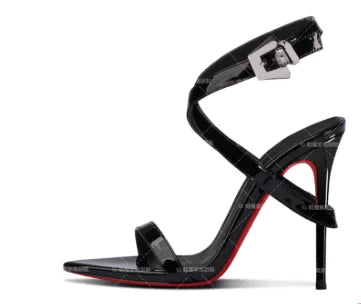 European and American new 12cm pointed thin heel high-heeled shoes with a buckle and exposed toes sexy fashion plus size sandals heels_stiletto