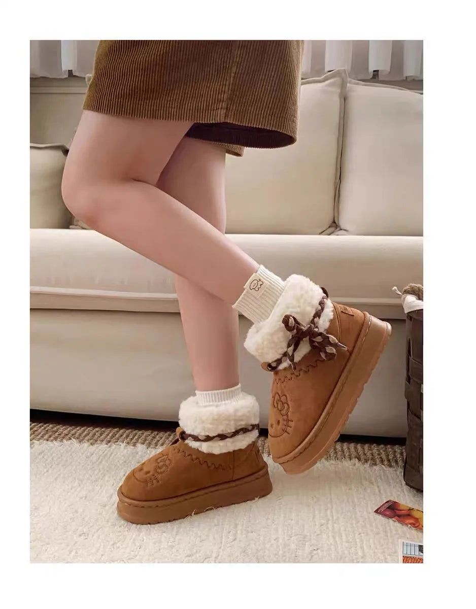 Sanrio Hello Kitty Snow Boots Anime Sanrio Women Y2k Snow Boots Cute Warm Cotton Shoes Kawaii Winter Non Slip Short Boot Gift kids_shoes