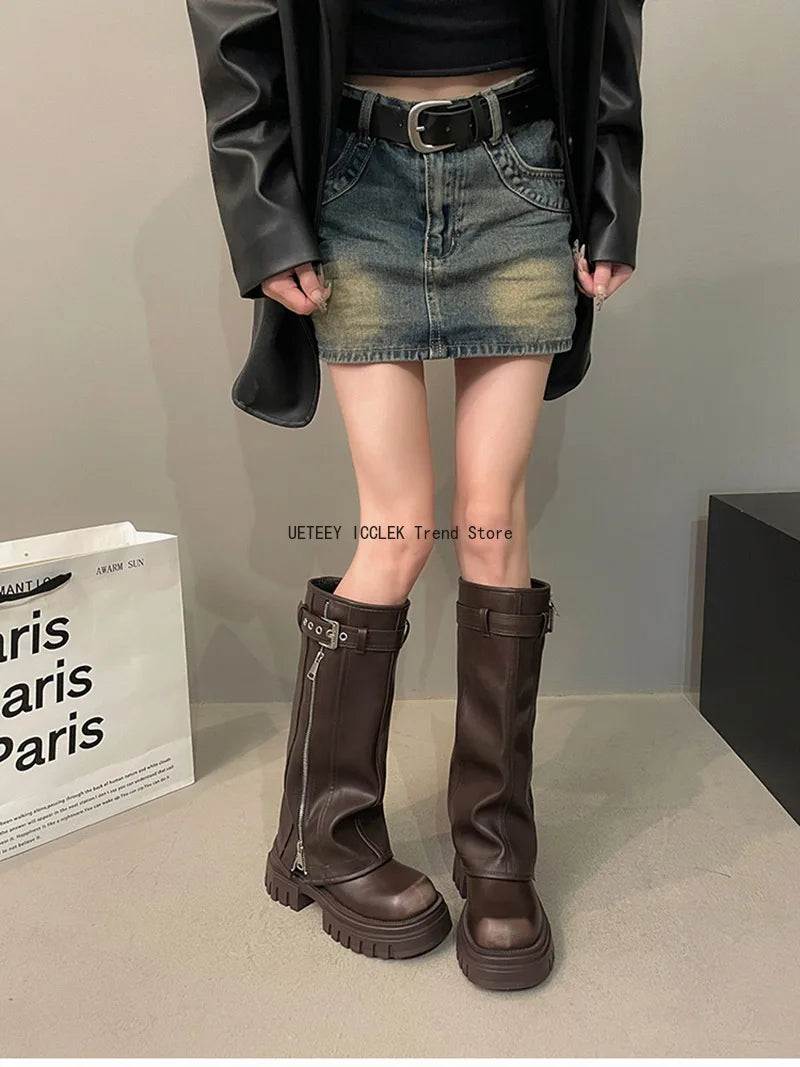 Winter Women Biker Boots Fashion Belt Buckle Ladies Elegant Platform Long Pipe Booties Casual Women's Knee High Booties boots_platform