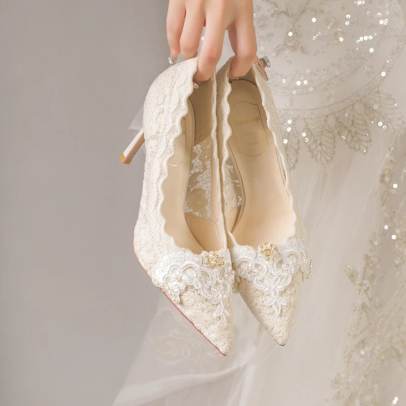 2025 Summer Cutout Women's Mesh Embroidered Pointed Toe Stiletto Heels Lace Shoes heels_stiletto