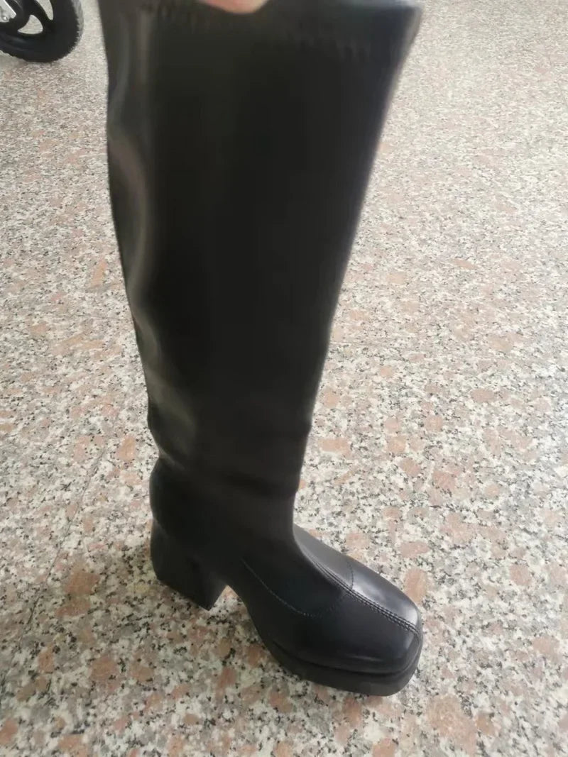 Autumn/Winter Square Headed Thick High Heels Knee-High Elastic Boots for Womens on Platform Black Knight Boot Sexy Party Pumps boots_platform