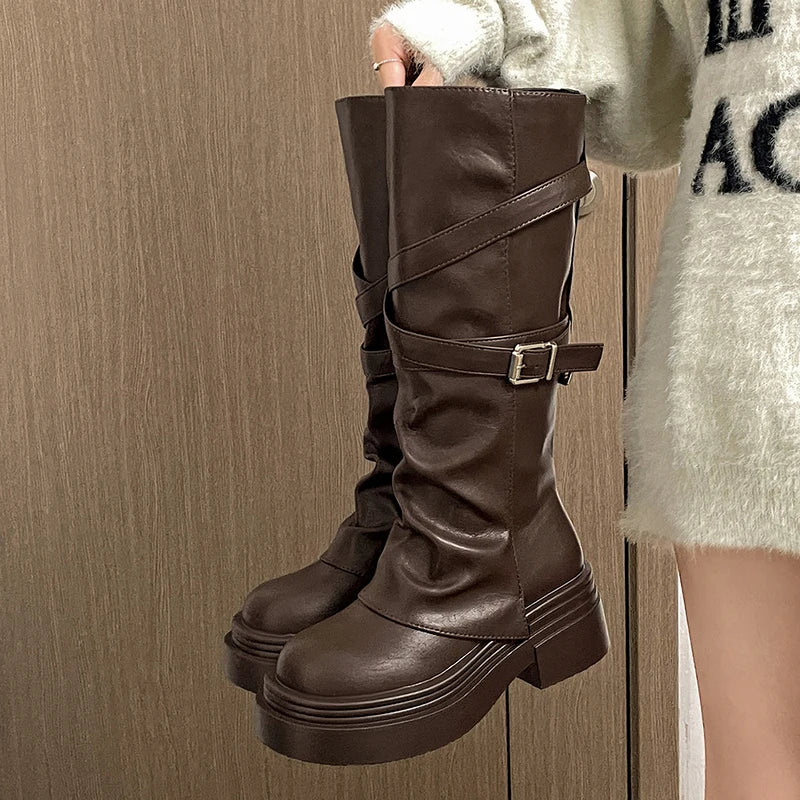 Vintage Thick Heel Women Knight Long Boots Fashion Slip On Knee High Booties Autumn Winter Shoes Zapatos De Mujer boots_platform