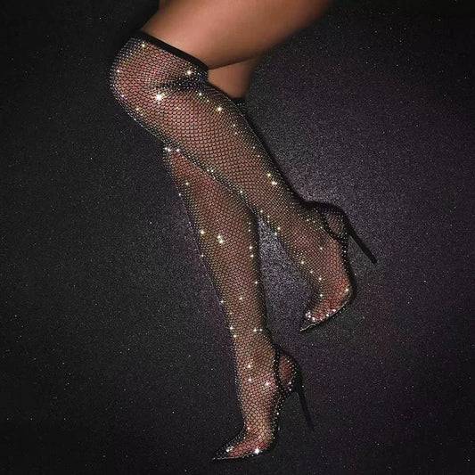 Sexy Bling Rhinestone Mesh Shoes Over The Knee Boots Women Pointed Toe Sandals Nightclub High Heels Femininas 2026 boots_highheel