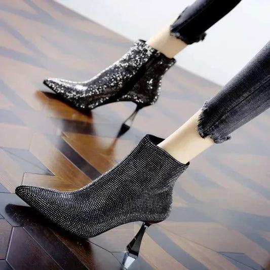 2025 Fashion Women Shiny High Heel Booties Female High-Heeled Boots Young Ladies Booties Heel Cloth Boots Black Botas De Mujer boots_highheel
