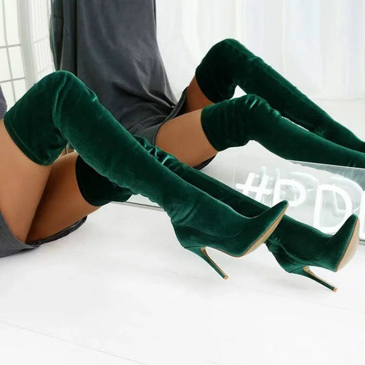 Women's Boots Green Color Over The Knee Boots Fashion Personality Stiletto Elastic Side Zipper Long Boots Large Size 34-43 boots_highheel
