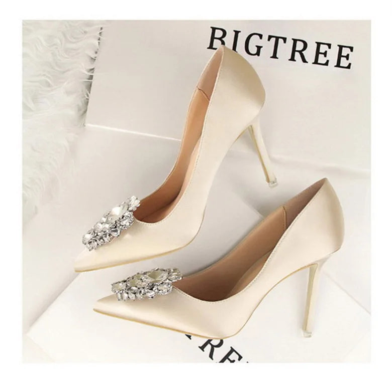 CINESSD Silver Gray Black Women Bridal Wedding Shoes Faux Silk Satin Rhinestone Crystal Shallow Woman Pumps Stiletto High Heel heels_stiletto
