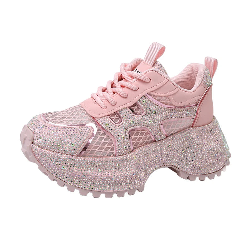 Luxury Designer Women's Shoes New Rhinestone Women's Sneakers Breathable Hollow Mesh Casual Platform Shoes Zapatos Mujer 7 cm sneakers_platform sneakers_luxury