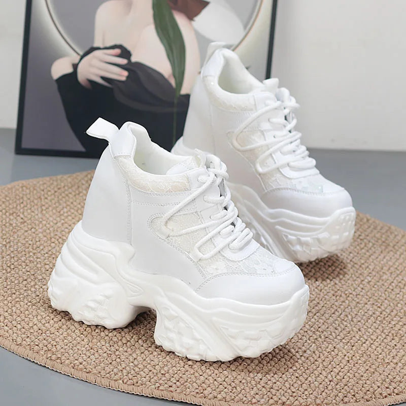 14CM Air Mesh Synthetic Genuine Leather Platform Wedge Flats Women Vulcanize Hollow Summer Chunky Sneakers Shoes  sneakers_platform