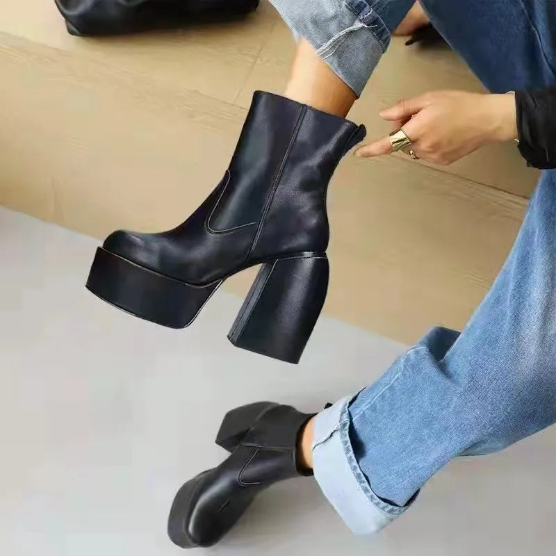 Comemore Women Punk Style Autumn Winter Chunky Platform High Boot Party Shoes Ladies Black Thick Heels Elastic Knee High Boots boots_platform