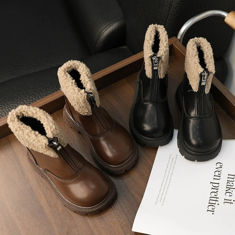 Winter Children's Ankle Boots Warm Simple Toddler Girls Causal Cotton Boots Thick Bottom Trend Kids Fashion Leather Boots Zipper kids_shoes