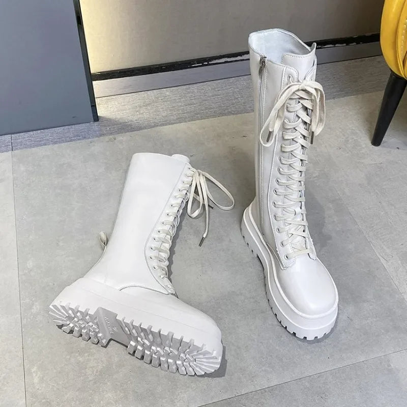 2024 New Thicken Winter Knight Boots Women Knee High Long Square Heel Boots Retro Thick Motorcycle Boots Black White Botas Mujer boots_platform