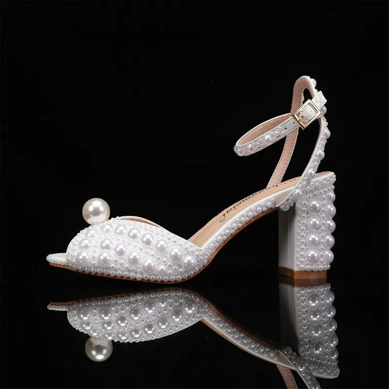 2025 New High Heels Thick Heel Shallow Mouth Women's Pearl Sandals Wedding Shoes Bridesmaid Shoes heels_bridal