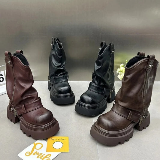 Designer Vintage Women Ankle Boots Fashion Slip On Knight Short Booties Ladies Casaul Platform Heels Botas Mujer boots_platform