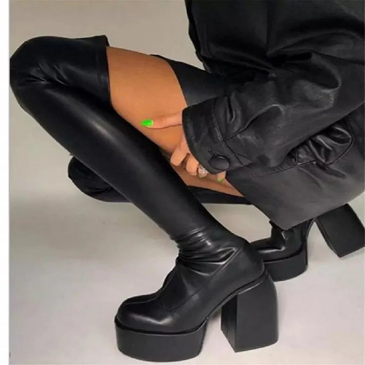 Comemore Women Punk Style Autumn Winter Chunky Platform High Boot Party Shoes Ladies Black Thick Heels Elastic Knee High Boots boots_platform