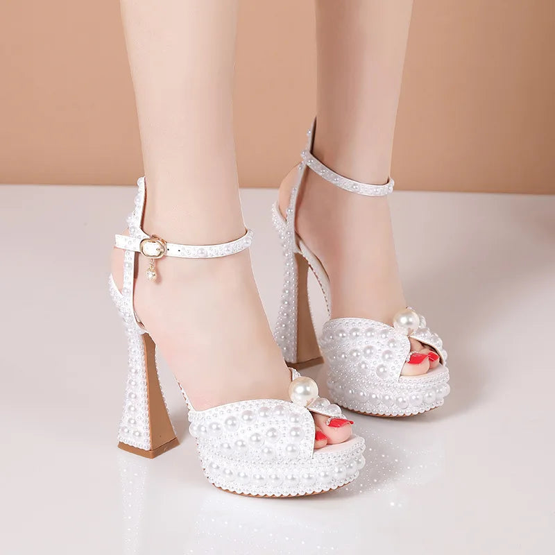 2025 Autumn New Fish Mouth High Heels Slim Heels Shallow Mouth Water Diamond Pearl Women's Single Shoes Wedding Wedding Shoes heels_bridal